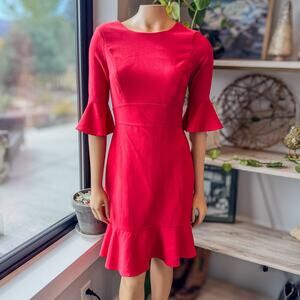 White House Black Market, Red Flare Sleeve Flutter Hem Sheath Dress, Women’s 0